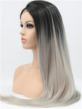 Long Black To Grey Ombre Straight Synthetic Lace Front Wig - FashionLoveHunter