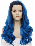 Deep Blue Black Root Ombre Wave Long Synthetic Lace Front Wig