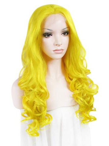 Bright Lemon Yellow Wave Long Synthetic Lace Front Wig - FashionLoveHunter