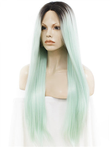 Dark Root To More Light Mint Green Ombre Straight Long Synthetic Lace Front Wig - FashionLoveHunter