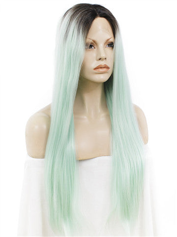 Dark Root To More Light Mint Green Ombre Straight Long Synthetic Lace Front Wig - FashionLoveHunter