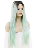 Dark Root To More Light Mint Green Ombre Straight Long Synthetic Lace Front Wig - FashionLoveHunter
