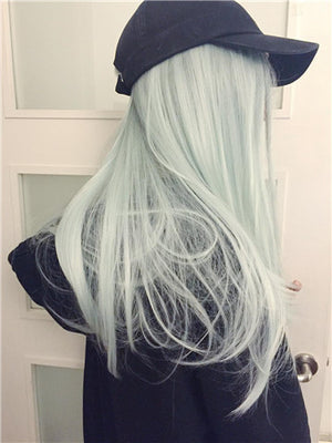 Dark Root To More Light Mint Green Ombre Straight Long Synthetic Lace Front Wig - FashionLoveHunter