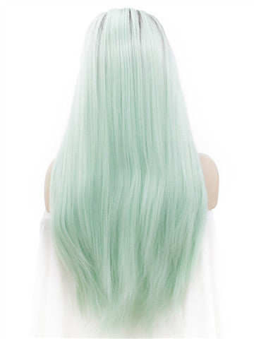 Dark Root To More Light Mint Green Ombre Straight Long Synthetic Lace Front Wig - FashionLoveHunter