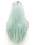 Dark Root To More Light Mint Green Ombre Straight Long Synthetic Lace Front Wig - FashionLoveHunter