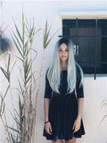 Dark Root To More Light Mint Green Ombre Straight Long Synthetic Lace Front Wig - FashionLoveHunter