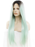 Dark Root To More Light Mint Green Ombre Straight Long Synthetic Lace Front Wig - FashionLoveHunter
