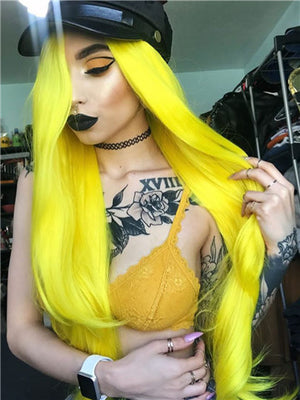 Glowstix Bright Yellow Long Straight Synthetic Lace Front Wig - FashionLoveHunter