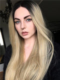 Gold Blonde Ombre Long Wave Synthetic Lace Front Wig - FashionLoveHunter