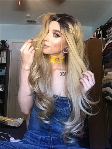 Gold Blonde Ombre Long Wave Synthetic Lace Front Wig - FashionLoveHunter