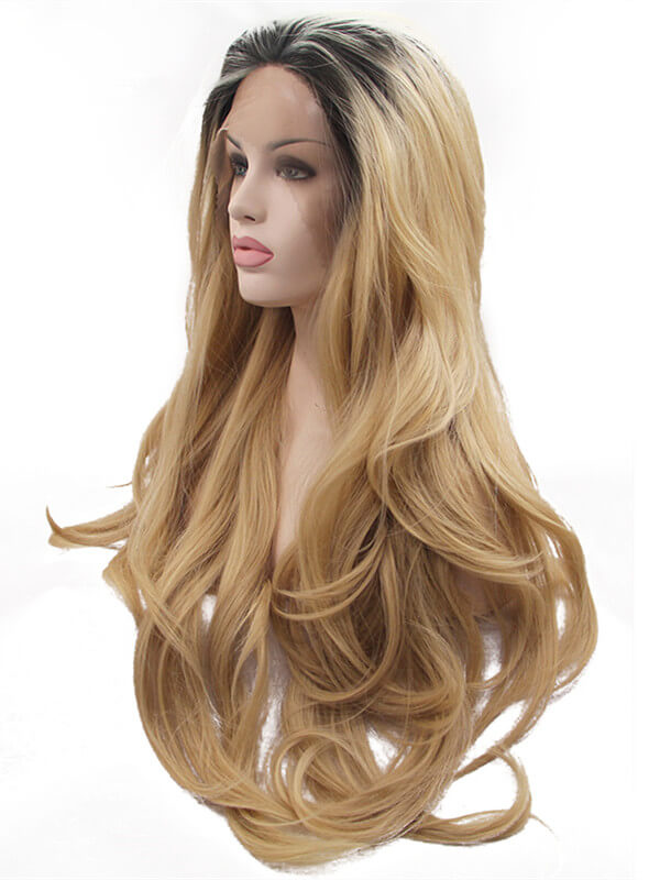 Long Dark Gold Ombre Wave Synthetic Lace Front Wig