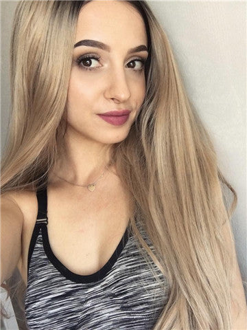 Gold Blonde Ombre Long Wave Synthetic Lace Front Wig - FashionLoveHunter