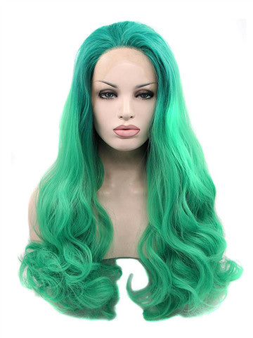 Green Mixed Ombre Long Wave Synthetic Lace Front Wig - FashionLoveHunter
