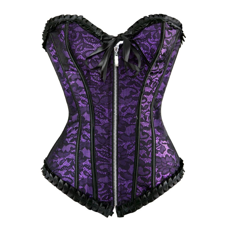 Women Sexy Floral Zipper Overbust Corset  Waist Cincher Slim Lace Up Fashion Jacquard Brocade Corset Bustier Lingerie Top