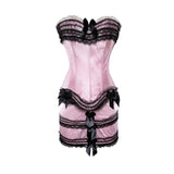 Women Sexy Bow Lace Overbust Corset Dress Satin Striped Corset Bustier Lingerie Top With One-Step Mini Narrow Dance Skirt Set