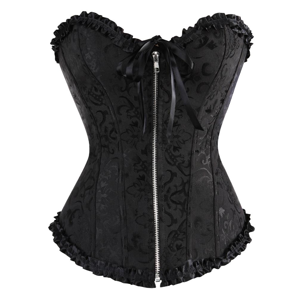 Women Sexy Floral Zipper Overbust Corset  Waist Cincher Slim Lace Up Fashion Jacquard Brocade Corset Bustier Lingerie Top