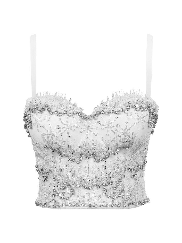 Sequins Bodice Girls Summer Top Sleeveless Short Sexy Push Up Crop Top Off Shoulder Party Camis With Built In Bra