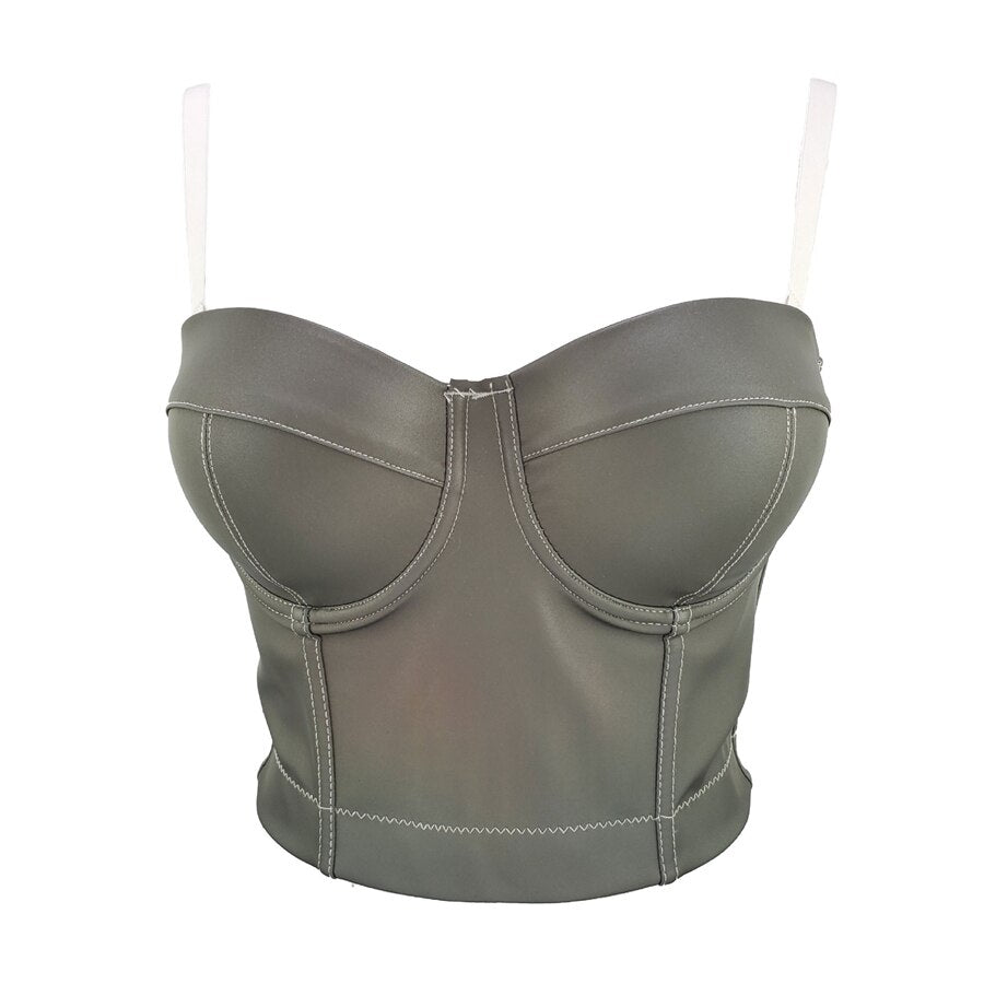 New PU Leather Winter Crop Top To Wear Out Sleeveless Top Corset Sexy Show Bra Push Up Bustier Tops