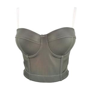 New PU Leather Winter Crop Top To Wear Out Sleeveless Top Corset Sexy Show Bra Push Up Bustier Tops