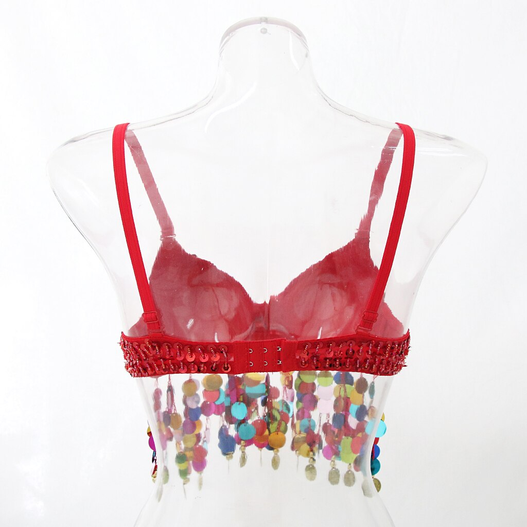 Glitter Tribal Belly Dance Colorful Rainbow Sequin Coins Tassel Crop Party Club Tank Top Festival Ravewear