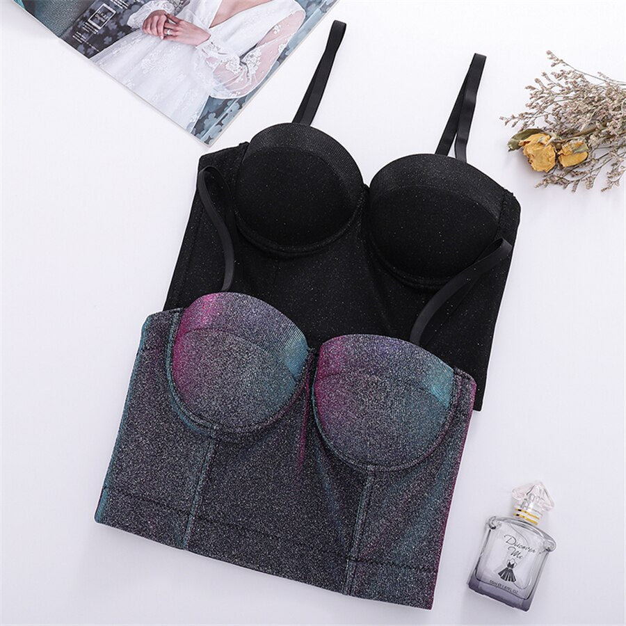 Crop Top with Built In Bra Women Shiny Sexy Body Bright Line Off Shoulder Straps Party Corset Tops Push Up Bralette