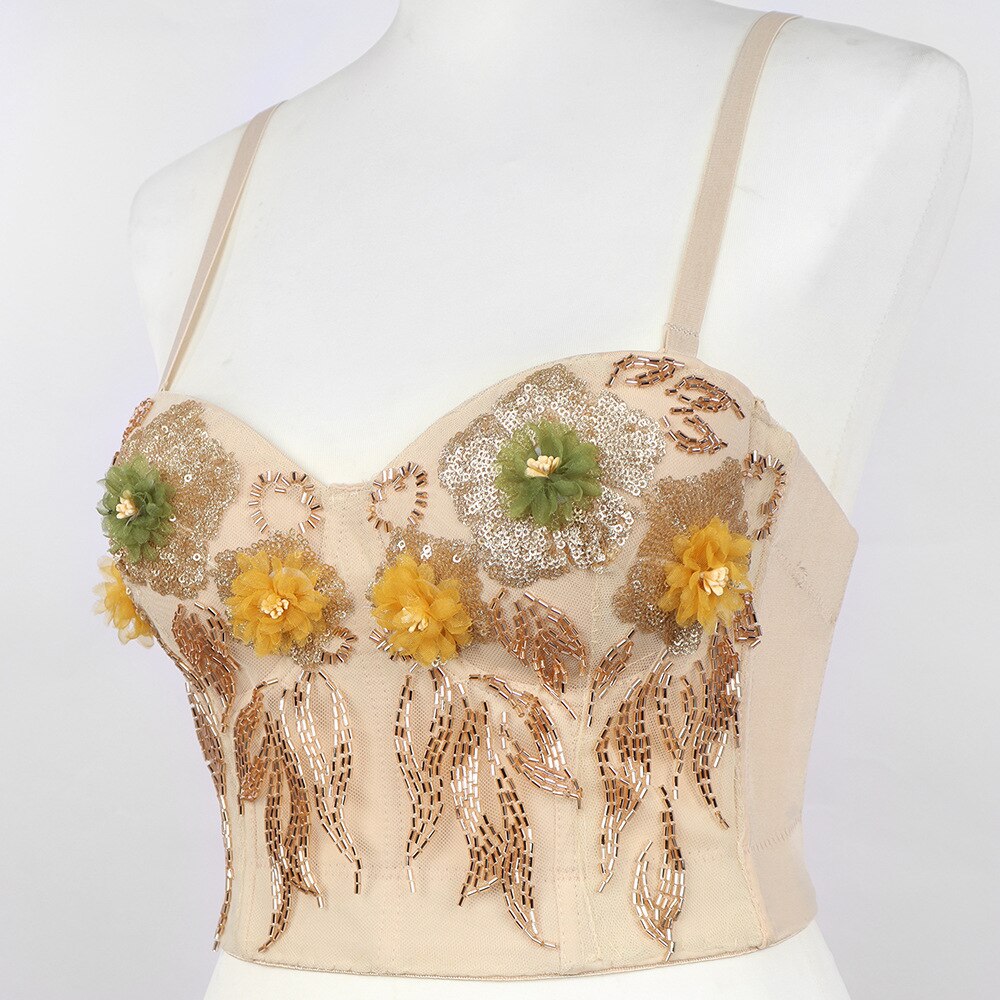 Sexy Female Corset With Cup Beaded Flowers Nightclub Party Cami In Bra Cropped Crop Top Push Up Breast