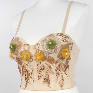 Sexy Female Corset With Cup Beaded Flowers Nightclub Party Cami In Bra Cropped Crop Top Push Up Breast