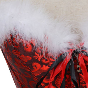 Christmas Overbust Corset Dress Burlesque Feathers Bustier Lingerie Gothic Vintage Floral Lace Corset Skirt Set Sexy Costume Red