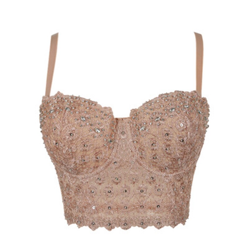 Cropped Tops With Built in Bra Women Lace Bright Glass Beading Crop Top Straps Sexy Women Corset Tops To Wear Out Bustier