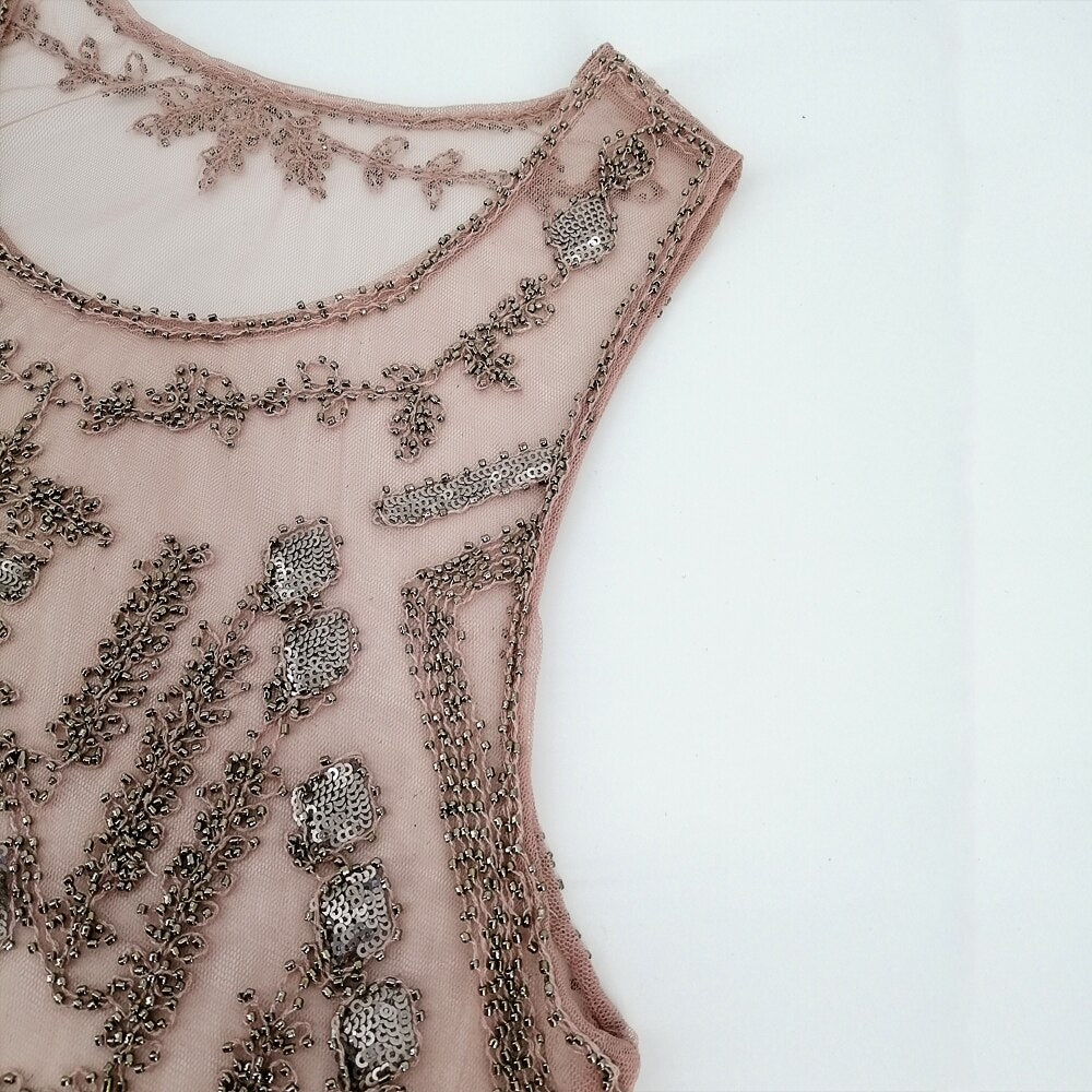 Perspective Mesh Crop Runway O-Neck Sleeveless Short Beaded Sequin Tank Top Party Club Gauze Embroidery Top