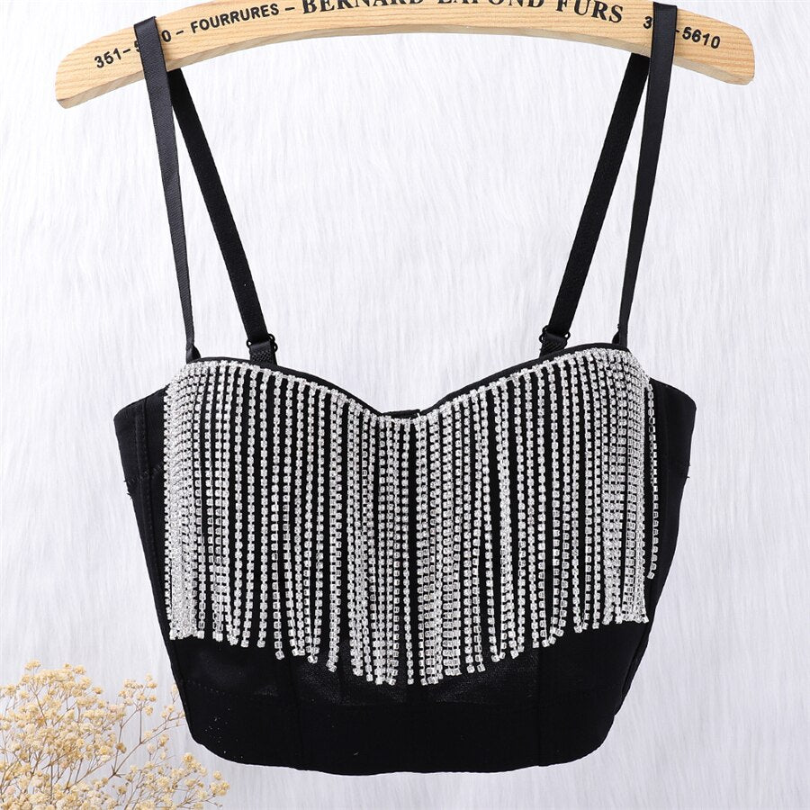 Crop Top With Built In Bra Short Sexy Beading Tassel Rhinestones Tops Push Up Bralette Solid Nightclub Camis
