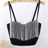 Crop Top With Built In Bra Short Sexy Beading Tassel Rhinestones Tops Push Up Bralette Solid Nightclub Camis
