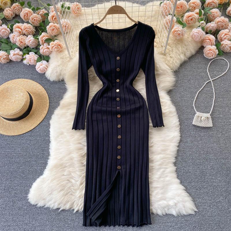 V Neck Long Sleeve Knitted Sweater Dress Winter Front Button Elegant Sexy Bodycon Midi Dress