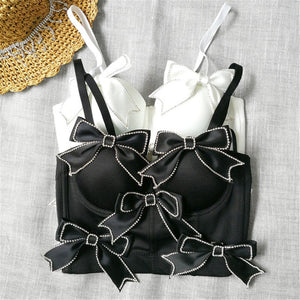 Sexy Bow Rhinestones Female Corset Nightclub Party Short Women Camis In Bra Cropped Crop Top Push Up Breast