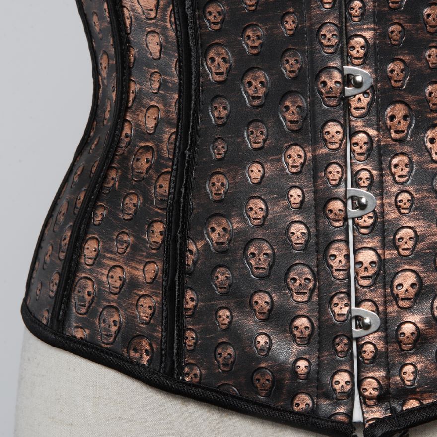 Steampunk Skull Print Faux Leather Underbust Corset Women Sexy Slim Body Shaper Corset Bustier Lingerie Top Pirate Costume Brown