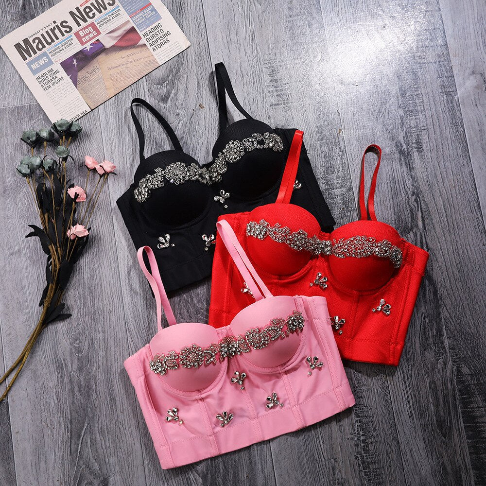 Christmas Rhinestone Sexy Corset Nightclub Party Slim Women Camis Built In Bra Cropped Push Up Breast Crop Top