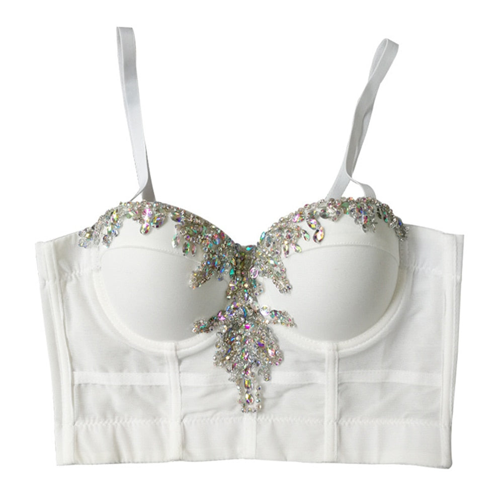 Crop Top With Built In Bra Rhinestone Mesh Summer Off Shoulder Sexy Corset Women Camis Cropped Cups