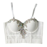 Crop Top With Built In Bra Rhinestone Mesh Summer Off Shoulder Sexy Corset Women Camis Cropped Cups