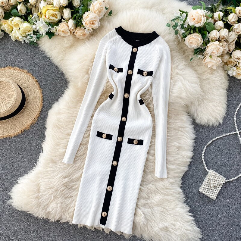 mini sexy sweater dress Office Lady Knitted Sexy Mini Bodycon Dress Contrast Color Trim Button –  FashionLoveHunter