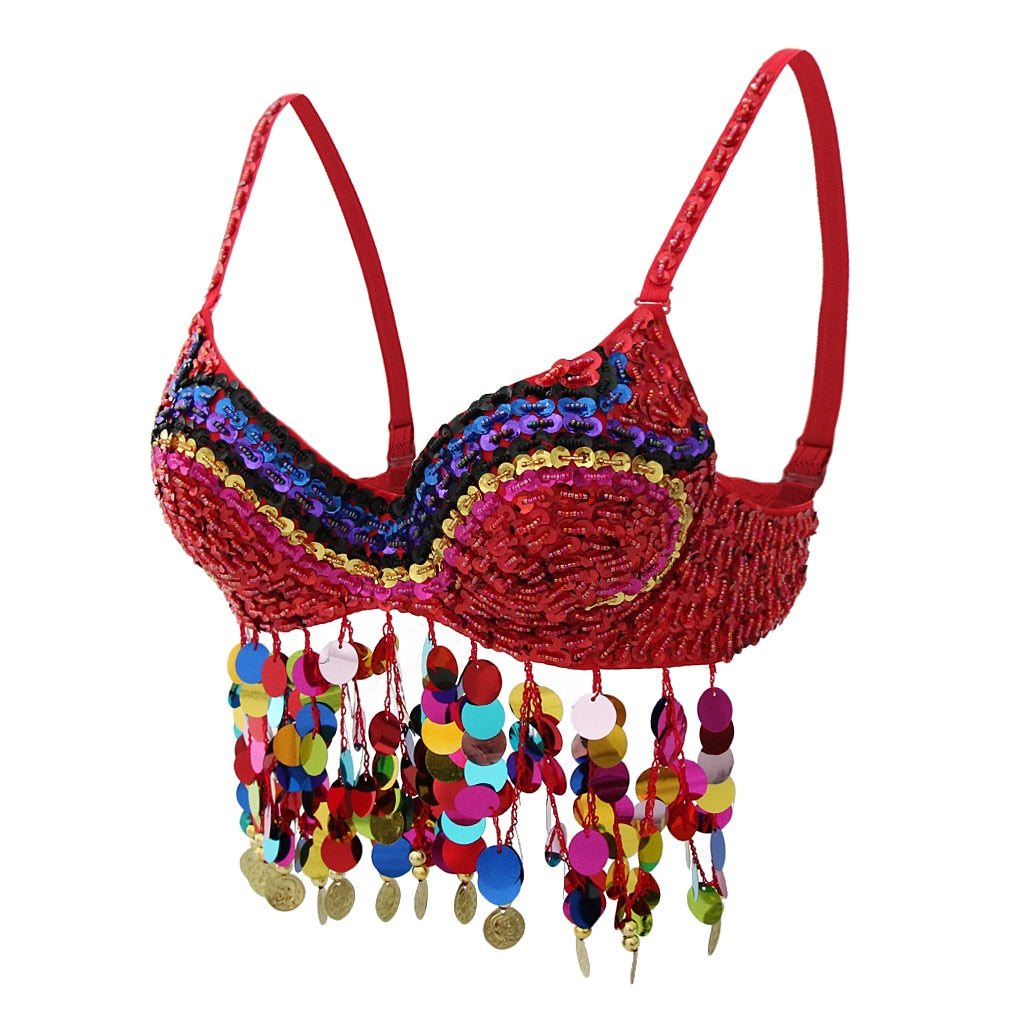 Glitter Tribal Belly Dance Colorful Rainbow Sequin Coins Tassel Crop Party Club Tank Top Festival Ravewear