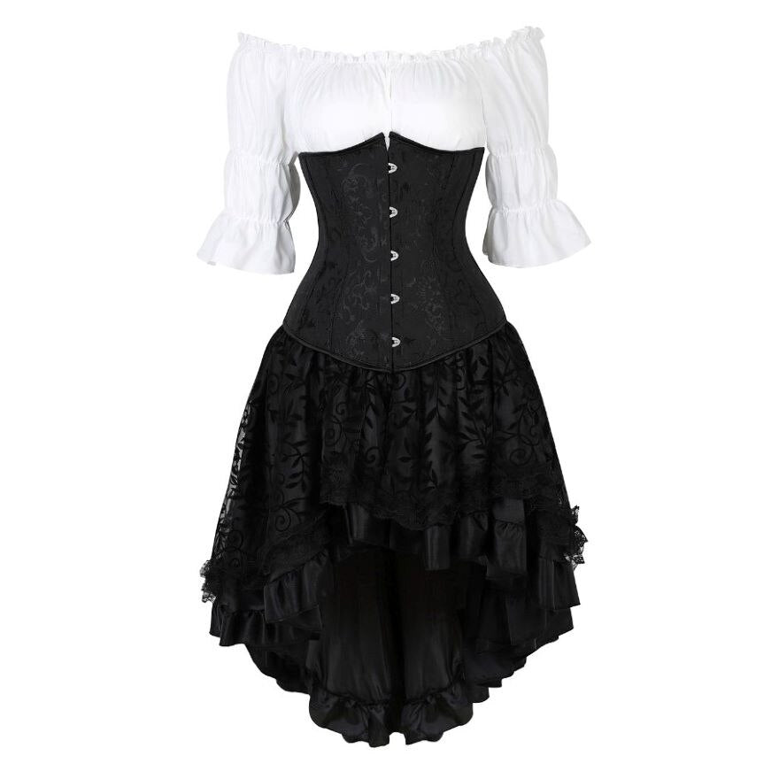 Gothic Skirt Set Underbust Corset Asymmetrical Floral Lace Skirt with Renaissance Blouse Three-Pieces Outfits Plus Size