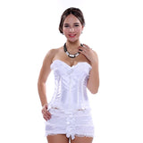 Women Sexy Bow Lace Overbust Corset Dress Satin Striped Corset Bustier Lingerie Top With One-Step Mini Narrow Dance Skirt Set