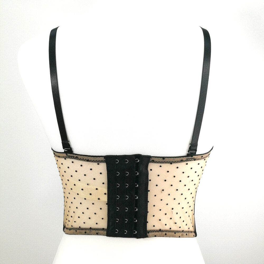 Polka Dot Lace Mesh Summer Short Sexy Corset Nightclub Party Women Camis Built In Bra Cropped Girls Crop Top