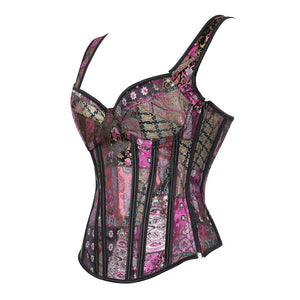 Women Victorian showgirl Gothic Corset Vest with Bubble Skirt Renaissance Brocade Lace Up Strap Purple Corset Top Dress Set