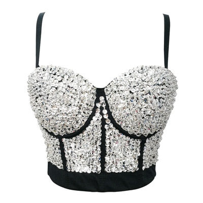 Sexy Bright Beading Sequins Nightclub Push Up Bralette Bra Cropped To Wear Out Corset Camis Crop Top