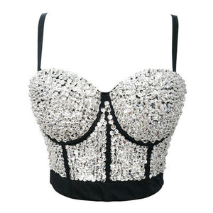Sexy Bright Beading Sequins Nightclub Push Up Bralette Bra Cropped To Wear Out Corset Camis Crop Top