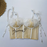 Lace Up Flowers Sweet Corset Top With Cups Women Cropped Nightclub Party Sexy Crop Top Push Up Bustier Cami Built in Bra