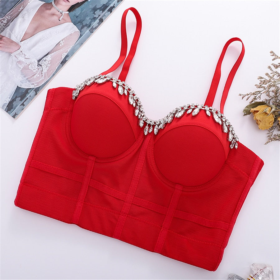 New Short Sexy Diamond Beading Crop Top Women Solid Camis Tops With Built In Bra Push Up Bralette