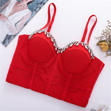New Short Sexy Diamond Beading Crop Top Women Solid Camis Tops With Built In Bra Push Up Bralette