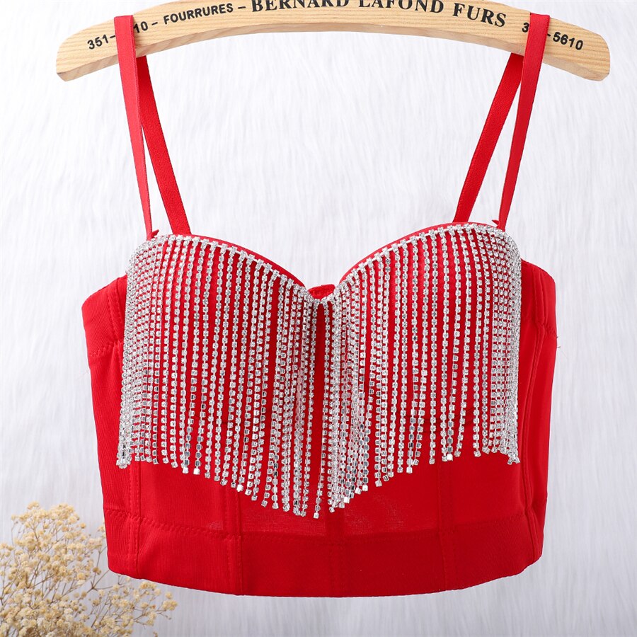 Crop Top With Built In Bra Short Sexy Beading Tassel Rhinestones Tops Push Up Bralette Solid Nightclub Camis